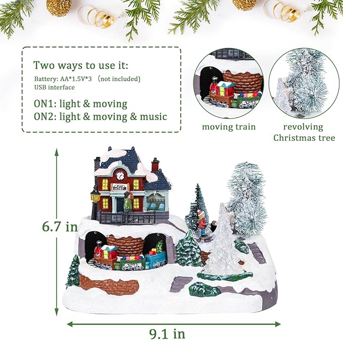 WONDER GARDEN Christmas Village Houses-Christmas Houses Village - Lighted Musical Railway Station Moving Train Town Sets with Revolving Acrylic Trees Animated Figurines for Indoor Decor or Gift