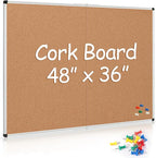 Cork Board Bulletin Board 36 x 48, Silver Aluminium Framed 4x3 Corkboard, Foldable Office Board for Wall, Large Wall Mounted Notice Pin Board with 36 Push Pins for School, Home & Office