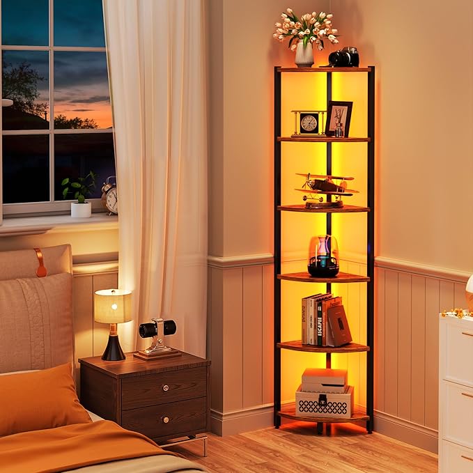 Corner Shelf with LED Lights, 6-Tier Corner Bookshelf, 66'' Organizer Book Shelf Shelves Steel Frame Display Stand with Living Room, Bedroom, Study, Rustic Brown