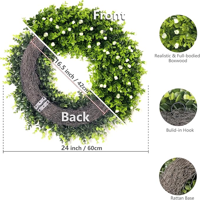 24'' Boxwood Wreath for Front Door, Porch, Window - Foldable Greenery Boxwood Wreaths for Farmhouse Wedding Indoor Outdoor Decor - Spring, Summer, Fall, All Seasons