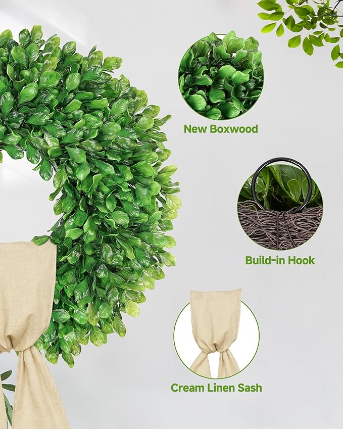 Vlorart 20 Inch Faux Round Boxwood Wreath, Weatherproof Wreaths for Front Door, Artificial Spring Summer Greenery Wreath with Sash for Farmhouse Wedding Year Round Indoor and Outdoor