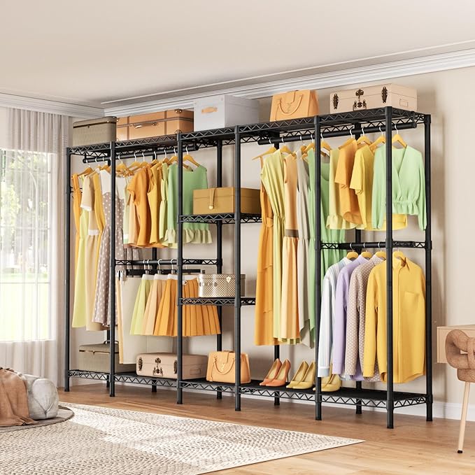Heavy Duty Garment Rack Clothes Rack,Large Metal Closet Organizer System Storage Wardrobe,Freestanding Clothing Rack with Adjustable Wire Shelves& Hang Rods,MaxLoad 1100lbs