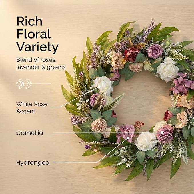 26 Inch Eucalyptus Wreaths with Roses, Hydrangeas, Lavender, Berries, Salal Leaves, Ferns, Dusty Miller, Green Summer Spring Wreaths for Front Door, Large Wreath for Porch Decor