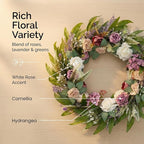 26 Inch Eucalyptus Wreaths with Roses, Hydrangeas, Lavender, Berries, Salal Leaves, Ferns, Dusty Miller, Green Summer Spring Wreaths for Front Door, Large Wreath for Porch Decor