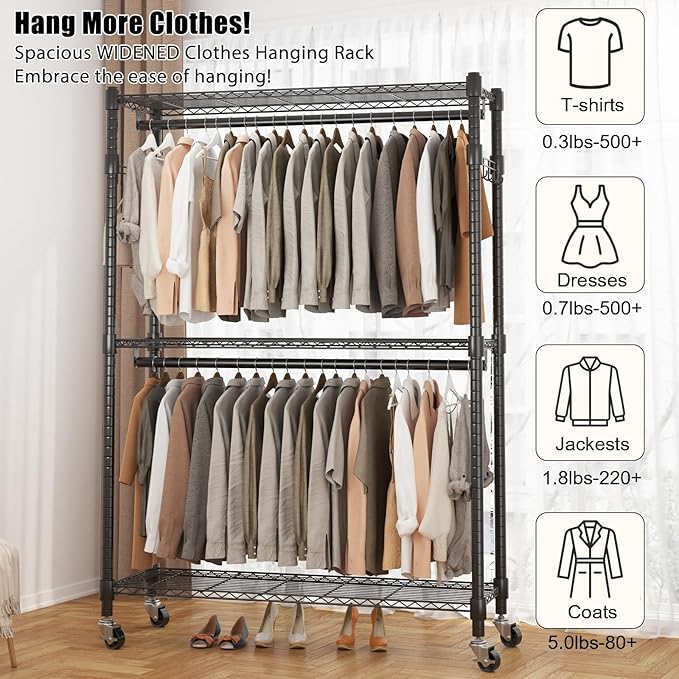 BATHWA Heavy Duty Garment Rack on Wheels, Rolling Clothes Racks for Hanging Storage, Simple Sturdy Metal Wardrobe Closet with Double Rods, 8 Side Hangers, 3 Shelves, Black