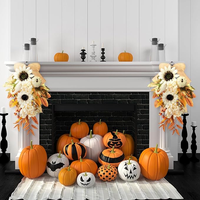 Thiccywoov 2-Pack Fall Teardrop Swags 20‘' Harvest Teardrop Decoration with Mixed Pumpkins, Sunflowers, Berries & Rustic Burlap Bows, Autumn Wreath for Front Door Home Decor(Fall)