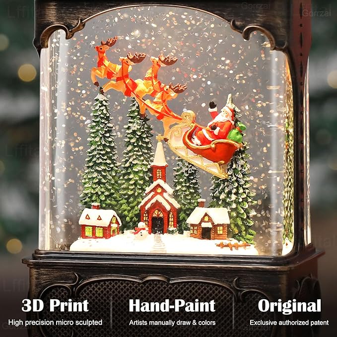 Christmas Snow Globes Village Snow Globe Lantern, Lighted Christmas Decorations Indoor for Home with Music Timer Glitter, Santa Claus Church Scene Festival Gifts, USB & Battery Operated