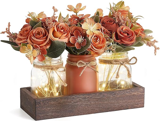 Mkono Mason Jar Lights Centerpiece Table Decor for Dining Room Farmhouse Wood Tray with 3 Jars Flowers Valentines Day Decoration for Coffee Table Kitchen Living Room Wedding