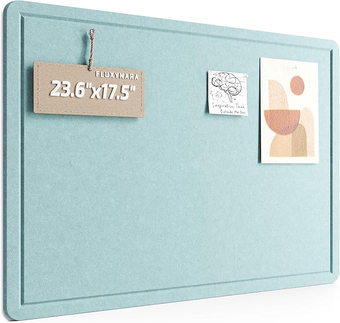 Fluxynara Bulletin Board, 23.6" x 17.5" Cork Board Alternative with 12 Safe Removable Adhesive Tabs, Foldable Felt Pin Board for Home Office, Classroom, Bedroom,Entryway for Walls—Aqua Blue