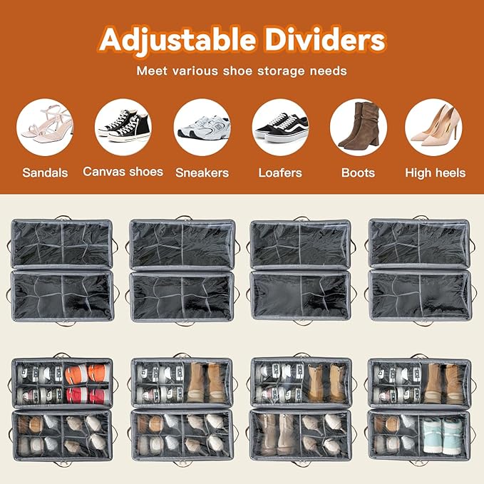 4 Pack Shoe Organizer for Closet, Foldable Shoe Storage Organizer with Adjustable Dividers and Clear Cover, Stackable Fabric Closet Shoe Organizer Storage Box Fits 32 Pairs, Gray