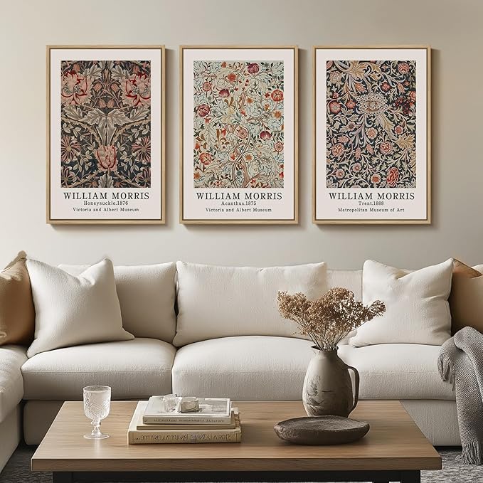 Framed William Morris Canvas Wall Art Set of 3, Vintage Boho Floral Paintings Prints, Rustic Farmhouse Botanical Artwork for Living Room, Bedroom, Hallway or Office, 16x24 Inch