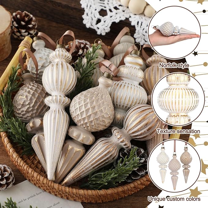 Yunlly 18 Pcs Neutral Christmas Ornaments Textured Christmas Tree Decor with Hanging Loop Modern Brown Hanging Finial Ornaments Shatterproof Home Decor for Xmas Vintage Rustic Farmhouse (Modern Color)
