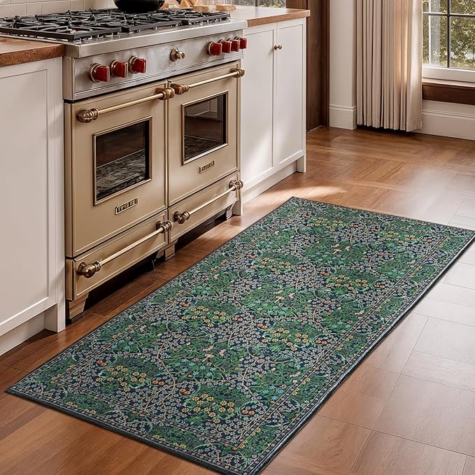 Lessymo 2x4 Small Runners for Kitchen, Washable Entryway Rugs Non-Slip Door Mat Indoor Entrance, Soft Vintage Runner Rugs for Hallways Bathroom Bedroom, Boho Floral Design, Forest Green