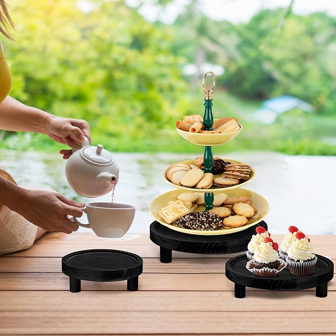6PCS Wooden Risers for Display Wood Cake Stand for Party Round Food Risers for Buffet Wooden Holder Rustic Riser for Decor Tiered Tray Decor Home Kitchen (Black, 6 PCS (8”, 6”, 5”))