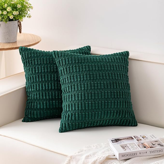 Aegero Pack of 2 Corduroy Decorative Throw Pillow Covers 26x26 InchSoft Striped Pillow Covers Modern Farmhouse Home Decor for Sofa Living Room Couch Bed（Blackish Green）