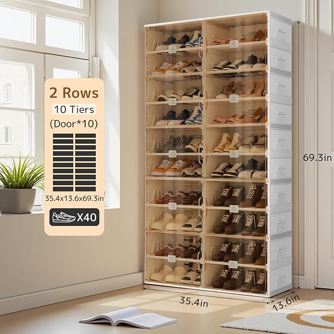 Foldable Shoe Rack Organizer for Entryway with Clear Magnetic Doors - Large Capacity Shoe Cabinet for Boots, Sneakers & All Shoes, Easy Assembly, White 10-Tier 40 Pairs