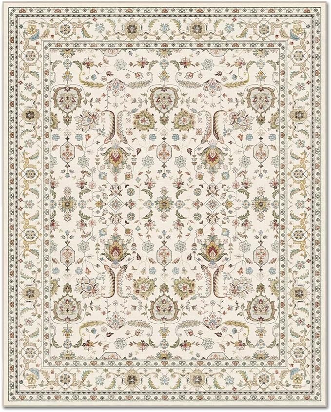Washable 5x7 Area Rugs for Living Room, Boho Non-Slip Vintage Distress Rugs for Bedroom Dining Room Nursery Office, 0.3" Neutral Oriental Throw Thin Carpet with Cushioning Pad, Beige/Rust/Green/Multi