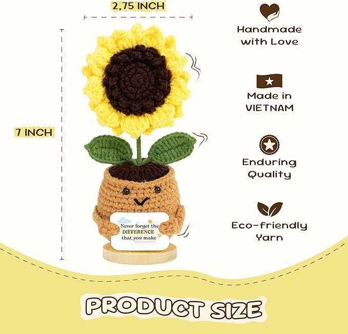 Emotional Support Crochet Sunflower – Handmade Appreciation Gift for Teachers, Coworkers – Never Forget The Difference, Inspirational Gifts for Women, Graduation Gifts, Employee Appreciation