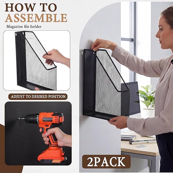 Sliner 2 Pack Metal Magazine Holder Black Mesh Steel Document Rack 1 Section File Organizer Extra Wide Magazine Folder Storage Desk Tidy for Office Home, 12.6”x 9.8”x 3”