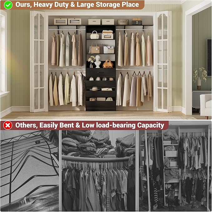 Aheaplus Closet System with 4 Drawers, 8FT Wood Closet Organizer System, 96’’ Walk-in Closet Wardrobe with Tower, 4 Hang Rods, 2 Top Shelves, Built In Closet Insert System, Fits Spaces 4-9 ft, Black
