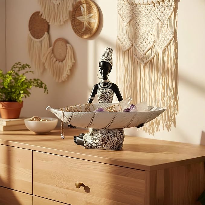 Lescafita African Woman Resin Tray Figurine, White Leaf Decorative Bowl Sculpture, Boho Tribal Art Statue for Jewelry Storage and Home Decor