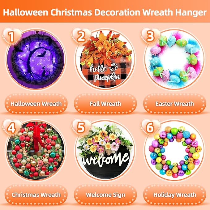 Wreath Hangers for Front Door, 20 Pack Large Wreath Door Hanger for Heavy Duty Easter Christmas Halloween Decorations, Clear Over-The-Door-Hooks Organizer, Adhesive-Wall-Hooks for Wreath Home Decor