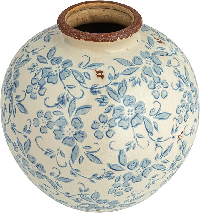 Creative Co-Op DF2720 8" H Terracotta Floral Transferware Pattern & Crackle Finish Vase, Blue