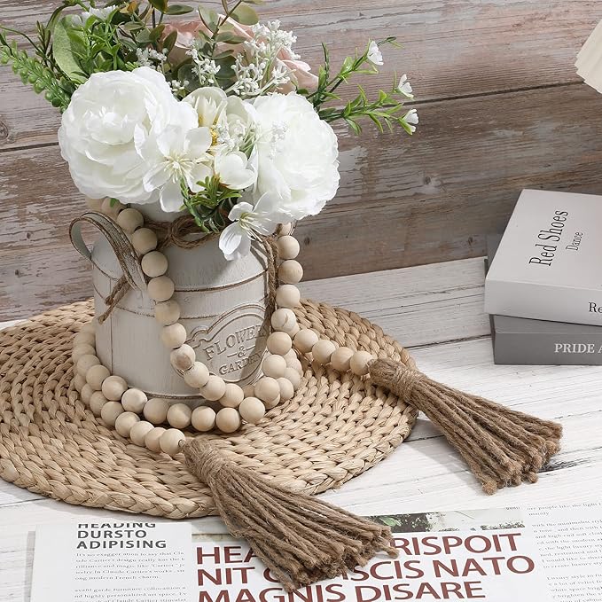 IMIKEYA Wooden Beads Garland: 2PCS Farmhouse Wood Bead Garland for Tiered Tray Farmhouse s Hanging Wood with Tassels Prayer Rustic s for Coffee Table Decor