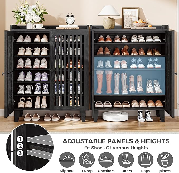 IRONCK Shoe Cabinet with Slatted Doors, 6-Tier Shoe Storage Cabinet with Adjustable Shelves, Wooden Shoe Rack Organizer for Entryway, Hallway, Closet, Living Room, Black