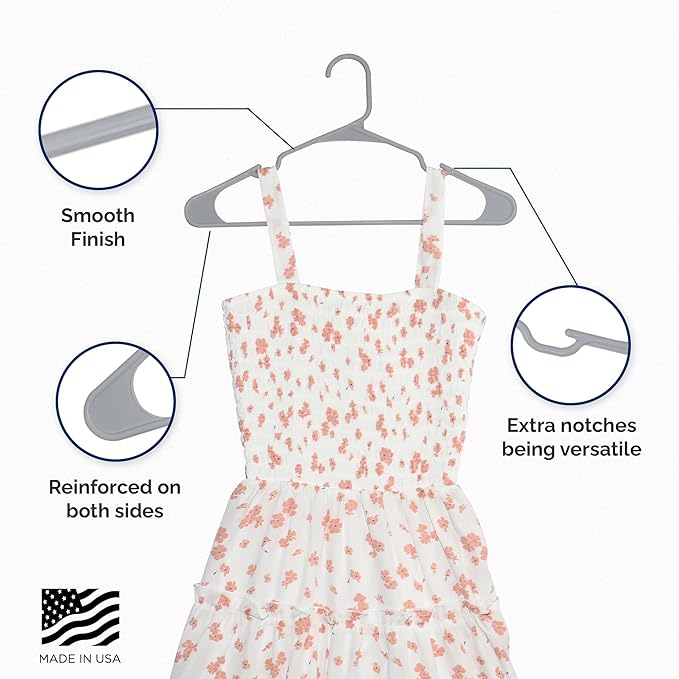 Plastic Hangers 50 Pack - Space Saving Clothes Hangers, Made in USA, Durable & Strong Plastic Shirt & Coat Hanger with Notches & Shoulder Grooves, Non-Slip Clothing Hangers | Grey