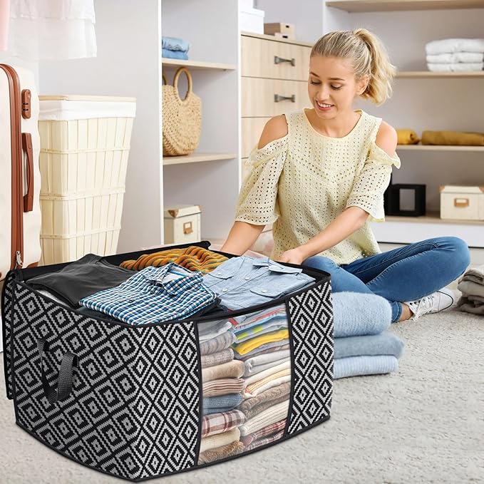 Direct 100L, 6 Pack, Storage Containers, Large Clothes Storage Bins Foldable Organization and Storage Bags with Reinforced Handle, Clear Window for Bedding, Blankets, Clothing, Black