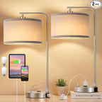 Innqoo Bedside Table Lamps for Bedroom Set of 2-Dimmable Nightstand Lamps with USB Port and Outlet,Modern Grey Lamps with Linen Shade,Tall Desk Lamps for Home Office Bedroom Living Room End Table