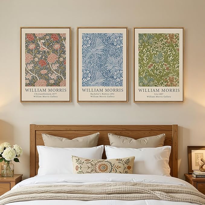 Large Framed William Morris Wall Art Set of 3, Vintage Green Botanical Floral Canvas Prints, Retro Classic Natural Pattern Paintings for Living Room, Bedroom, Dining Room, Hallway, Office Decor, Total Size 30x60 In