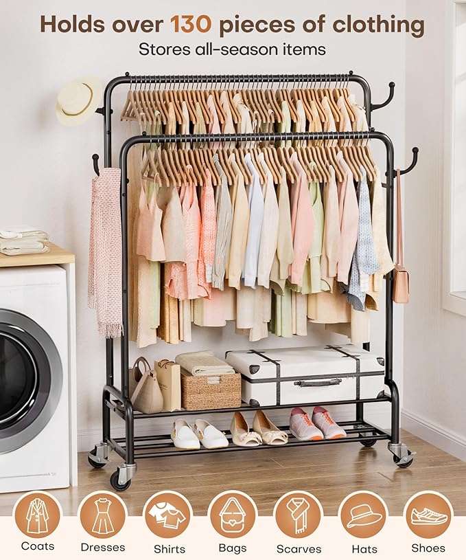 Homde Heavy Duty Clothes Rack: 265lb Rolling Double Rod Garment Hanging - Metal Coat Organizer Storage Display Shelf on Wheels for Bedroom Laundry