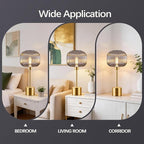 QiMH Glass Table Lamp for Living Room, Modern Bedside Lamp with Grey Ribbed Glass Shade, 3-Way Dimmable Touch Control Nightstand Lamp for Bedroom, Brushed Gold (2700K LED Bulb Included)