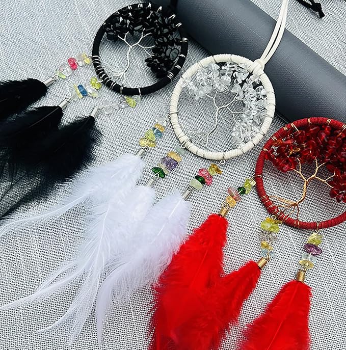Red Mini Dream Catcher for Car, Handmade Tree of Life with Feathers Small Dreamcatcher Wall Hanging Ornament Bedroom Room Decor Festival Gift