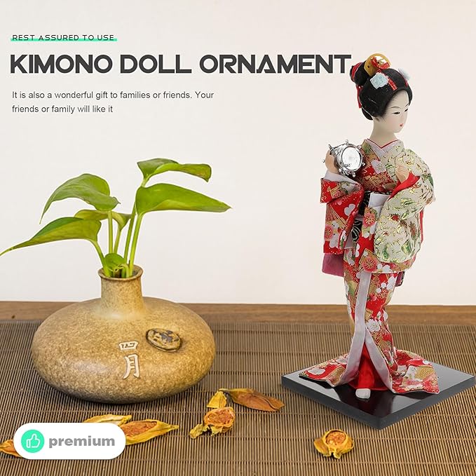 12" Traditional Japanese Geisha Doll Authentic Red Kimono Figurine Hand-Painted Porcelain & Fabric Asian Collectible Statue for Home Office Decor Gift Boxed