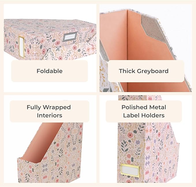 BLU MONACO | Cardboard Magazine File Holder Set of 4 | Standing File Holder with Floral Boho Design | Foldable Cardboard Bins for Shelves Desk Office Storage