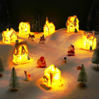 Poen LED Christmas Village Sets Lighted Resin Miniature Christmas Houses Town Figurine Display Tiny Mini Tree Winter Village Ornament Kit for Xmas Town Scene Desktop Ornament Table Decoration