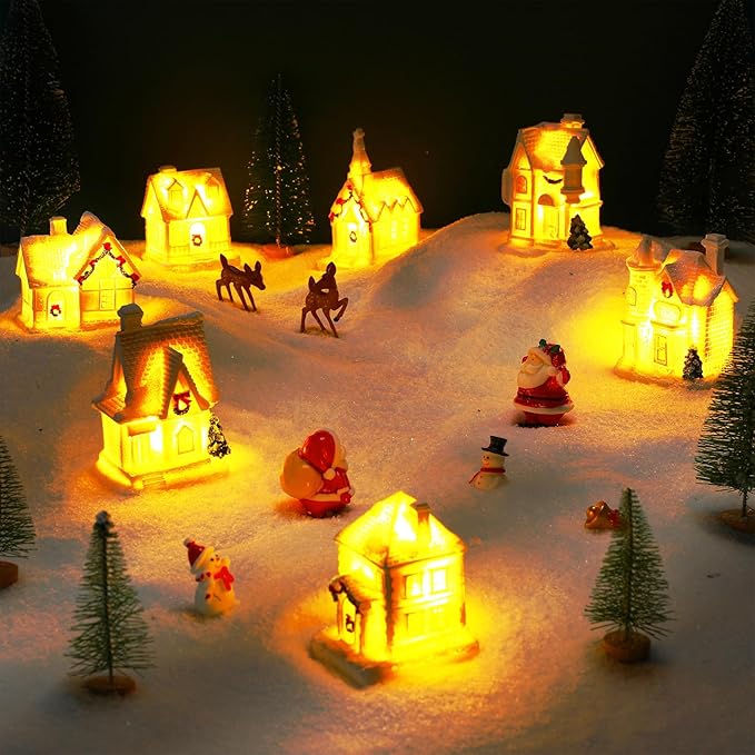 Poen LED Christmas Village Sets Lighted Resin Miniature Christmas Houses Town Figurine Display Tiny Mini Tree Winter Village Ornament Kit for Xmas Town Scene Desktop Ornament Table Decoration