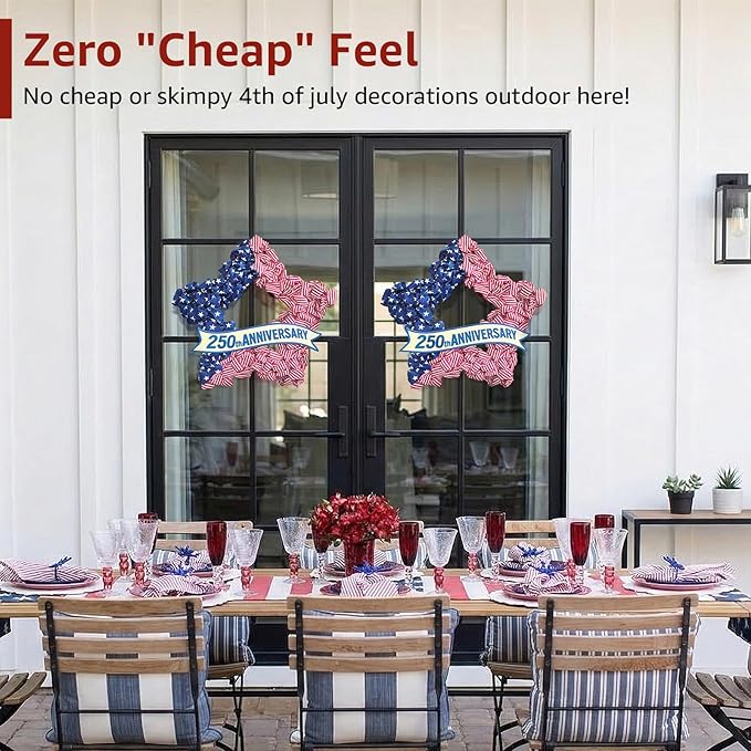 4th of July Wreath Patriotic Decorations for Front Door - 19 inch Memorial Day 250th Anniversary USA Fourth of July Burlap Star Wreath, Red White and Blue Hanging for Independence Day 2026 Decor