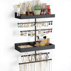 Keebofly Wall Mounted Jewelry Organizer with 2 Tired Shelves & Ring Holder- Jewelry Holder Wall Storage Display for Earrings, Necklace, Bracelet in Bathroom Bedroom, Black
