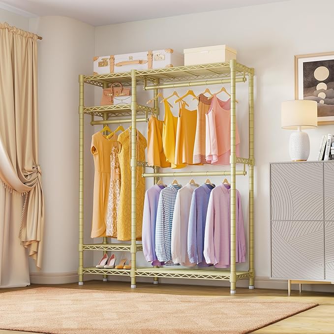 VIPEK V2 Heavy Duty Clothes Rack 4 Tiers Wire Shelving Garment Racks with 3 Hanging Rods Compact Freestanding Closet Metal Closet Rack, Max Load 700LBS, Gold