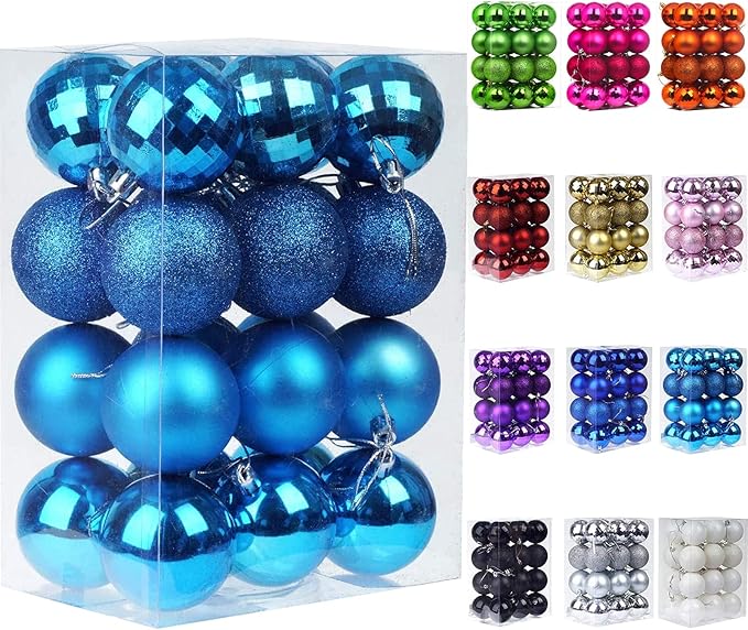 Emopeak 24Pcs Christmas Balls Ornaments for Xmas Christmas Tree - 4 Style Shatterproof Christmas Tree Decorations Hanging Ball for Holiday Wedding Party Decoration (Lake Blue, 1.6"/4.2CM)