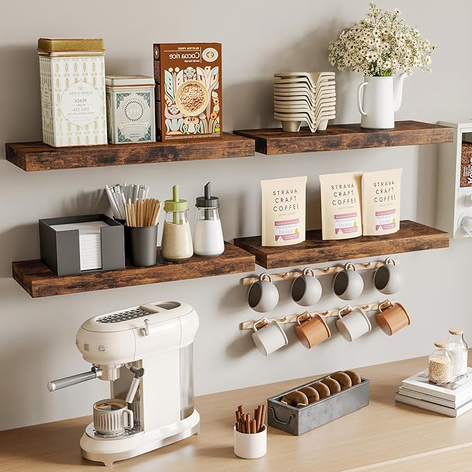 Fixwal Wood Floating Shelves, Wall Shelves Set of 4, Shelves for Wall Decor, with Invisible Brackets for Bathroom, Living Room,Bedroom and Kitchen(15.7in, Rustic Brown)