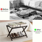 Pack of 2 Fully Assembled Bamboo Luggage Racks, Folding Suitcase Stand with Shoe Shelf, 5 Nylon Straps, Heavy Duty, Luggage Stands Ideal for Guest Room, Bedroom, Hotel, Espresso