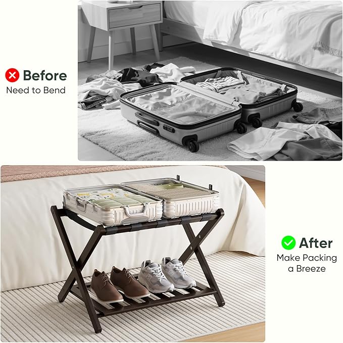 Pack of 2 Fully Assembled Bamboo Luggage Racks, Folding Suitcase Stand with Shoe Shelf, 5 Nylon Straps, Heavy Duty, Luggage Stands Ideal for Guest Room, Bedroom, Hotel, Espresso