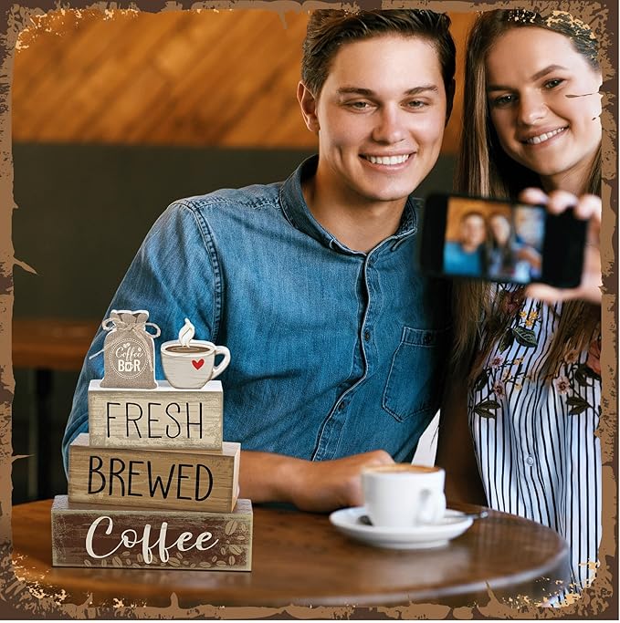 Yuntau 5 Pcs Wooden Coffee Bar Decor Cocoa Tiered Tray Decor Rustic Wood Bar Sign Gift Farmhouse Table Top Centerpiece Stacks Block Sign for Home Shelf Mantel Kitchen