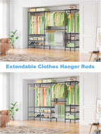 Ulif E11 Heavy-Duty Garment Rack, Metal Freestanding Clothes Rack and Closet Storage Organizer System with 8 Shelves and 4 Hanger Rods, (73.2-97.6)" W x 14.5" D x 71.2" H, Load 1034 LBS, Black
