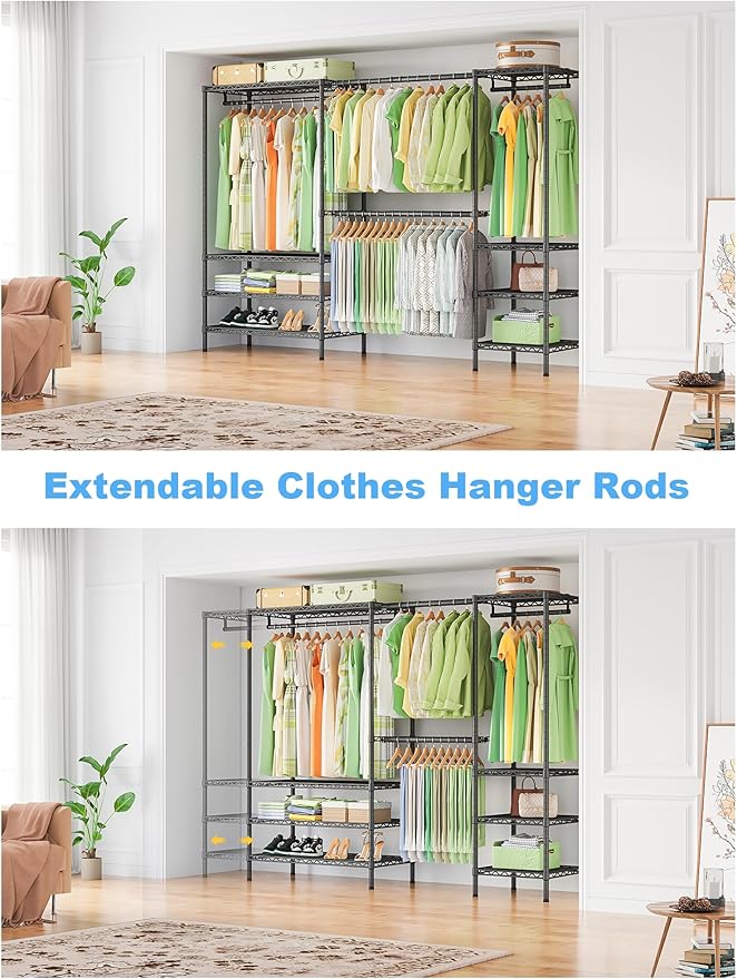 Ulif E11 Heavy-Duty Garment Rack, Metal Freestanding Clothes Rack and Closet Storage Organizer System with 8 Shelves and 4 Hanger Rods, (73.2-97.6)" W x 14.5" D x 71.2" H, Load 1034 LBS, Black